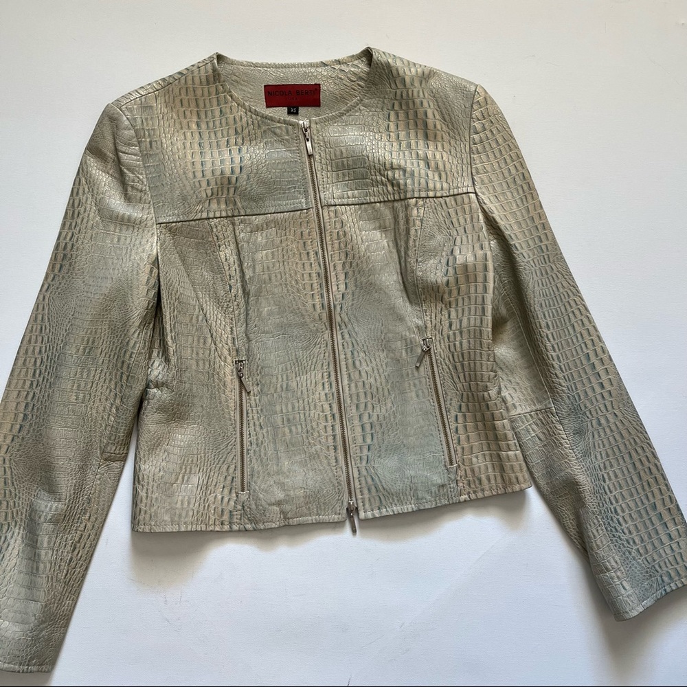 Nicola Berti Aqua & Gold Crocodile embossed Leather Moto style jacket size XS